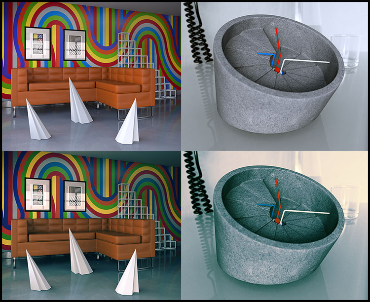 3D Rendered Images Before (top) & After Colour Grading.